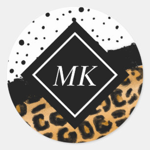 Leopard en Black and White Polka Dots Monogramed Ronde Sticker
