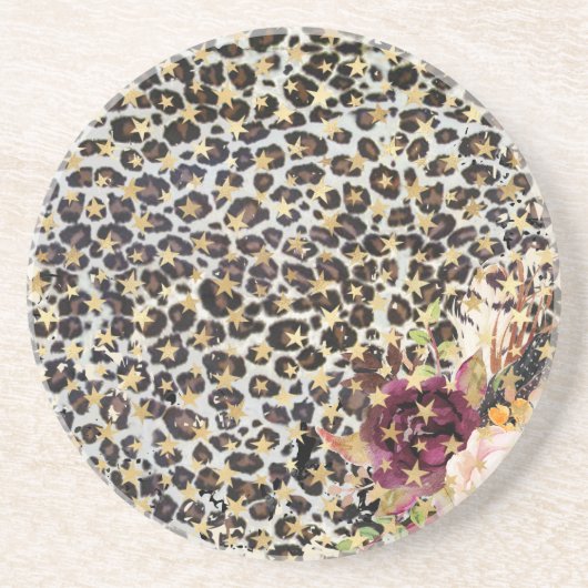 Leopard Floral Gold Stars Dessous de verre de grès (Devant)