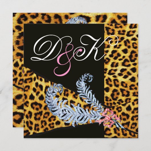 LEOPARD FUR RIBBON EN DIAMOND FEATHERS MONOGRAM KAART (Voorkant / Achterkant)