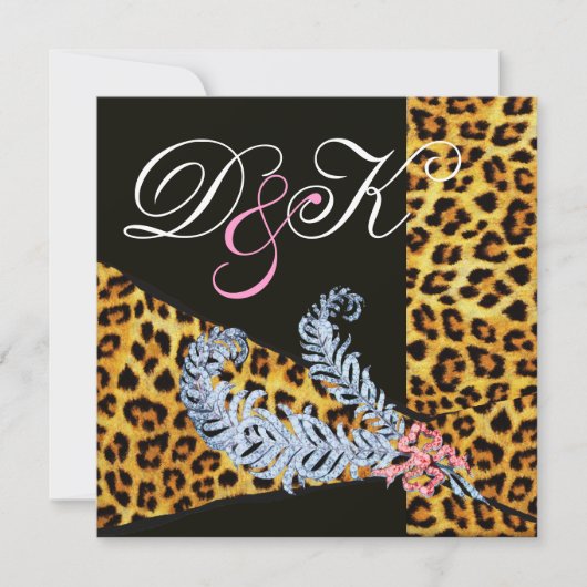 LEOPARD FUR RIBBON EN DIAMOND FEATHERS MONOGRAM KAART (Voorkant)