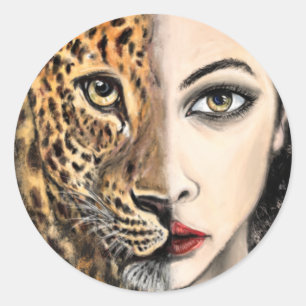 Leopard Girl Face Fantasy Painting Art Wild Animal Ronde Sticker