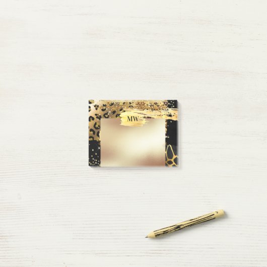 Leopard glazen goudglitter dierprintmonogram post-it® notes (Op bureau)