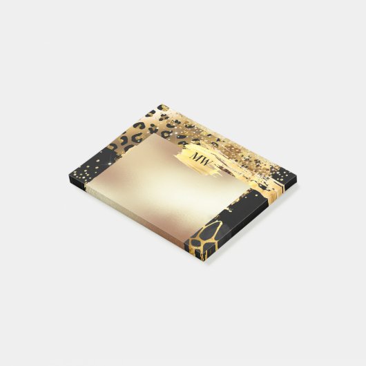 Leopard glazen goudglitter dierprintmonogram post-it® notes (Schuin)