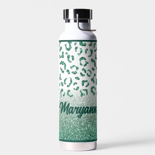 Leopard Groene Glitter Dierenprint Aangepaste naam Waterfles (Links)
