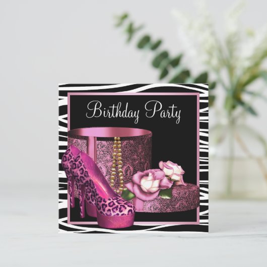 Leopard High Heel Shoes Roze Zebra Verjaardagsfees Kaart (Staand voorkant)