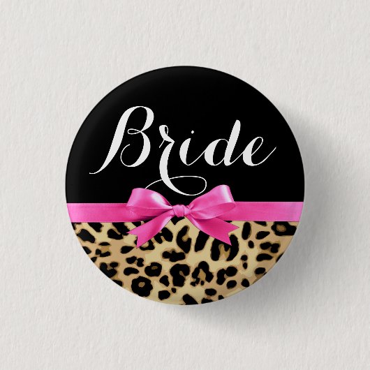 Leopard Hot Pink Bow Bride Wedding Button (Voorkant)
