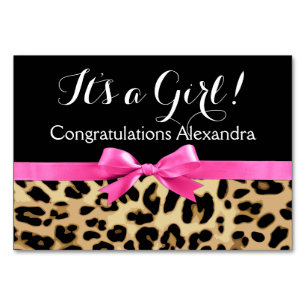 Leopard Hot Pink Bow's a Girl Safari Baby shower Kaart