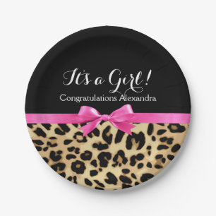 Leopard Hot Pink Bow's a Girl Safari Baby shower Papieren Bordje