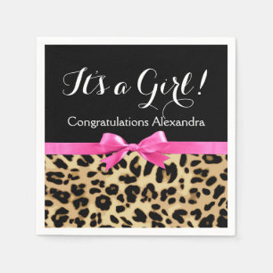 Leopard Hot Pink Bow's a Girl Safari Baby shower Servetten