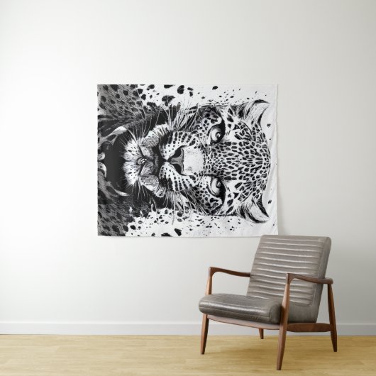 Leopard Jaguar Wild Natuur Illustratie Lijn Epic Wandkleed (In Situ (horizontaal))