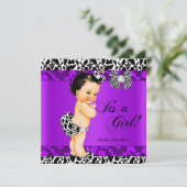 Leopard Koe Paars Girl Baby shower Brunette Baby Kaart (Staand voorkant)