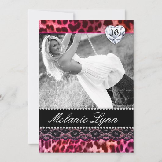 Leopard Lace Sweet 16 Invitations Coeur rose (Devant)