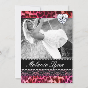Leopard Lace Sweet 16 Party Invite Heart Pink Kaart