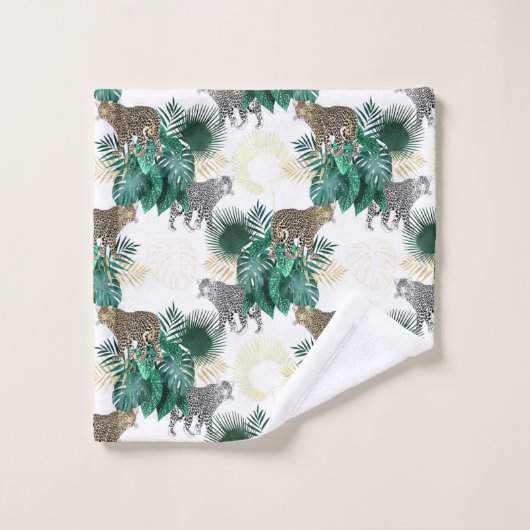 Léopard moderne et conception tropicale de feuille (Gant de toilette)
