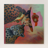 Leopard Muse: Dame in roze kunstpuzzel Legpuzzel (Horizontaal)