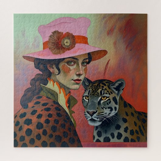Leopard Muse: Dame in roze kunstpuzzel Legpuzzel (Verticaal)