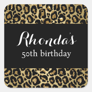 leopard op 50e verjaardag print zwart goud vierkante sticker