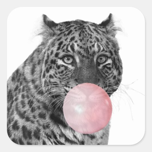 Leopard Panther Kat Bubble Gum Zwart Roze Wit Vierkante Sticker (Voorkant)