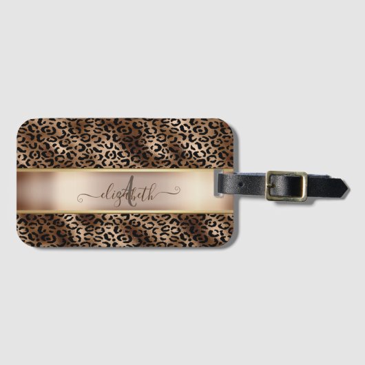 Leopard Pattern Black Bronze Monogram Bagagelabel (Voorkant (horizontaal))