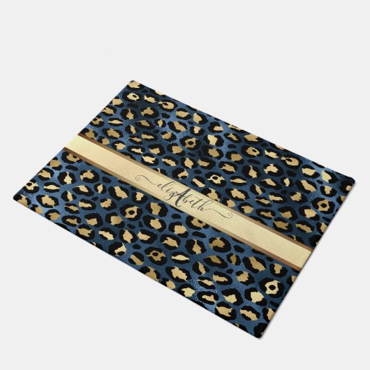 Leopard Pattern Blue Gold Monogram Deurmat (Schuin)