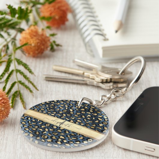 Leopard Pattern Blue Gold Monogram Sleutelhanger (Voorkant Rechts)