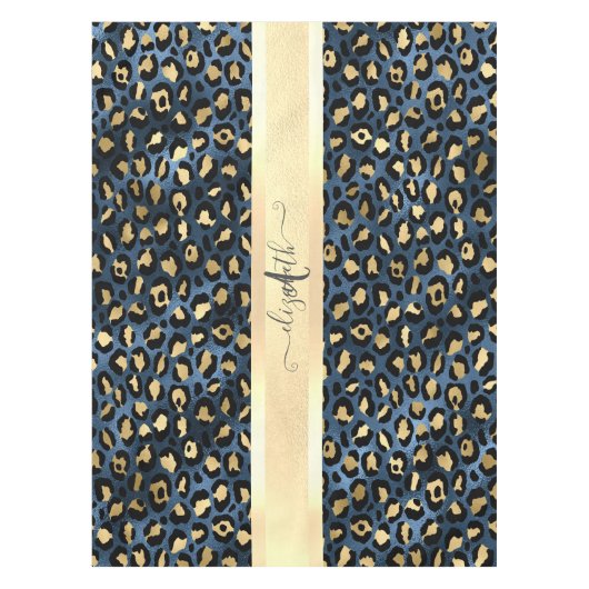 Leopard Pattern Blue Gold Monogram Tafelkleed (Voorkant)