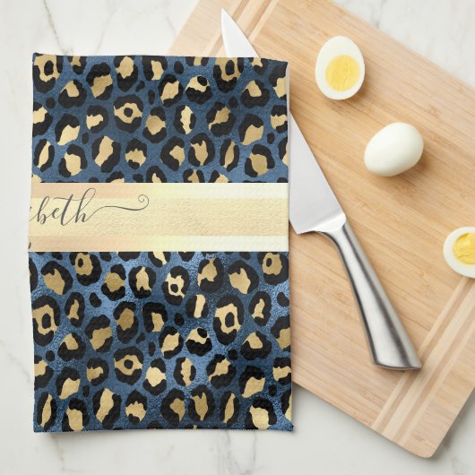 Leopard Pattern Blue Gold Monogram Theedoek (Quarter Fold)