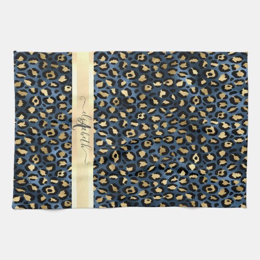Leopard Pattern Blue Gold Monogram Theedoek (Horizontaal)