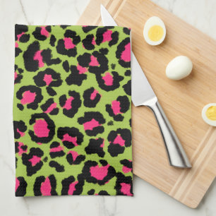 Leopard Pattern in Raspberry op Lime Green Theedoek