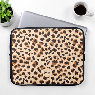 Leopard Pattern Monogram Bruin Chic Initialen Laptop Sleeve