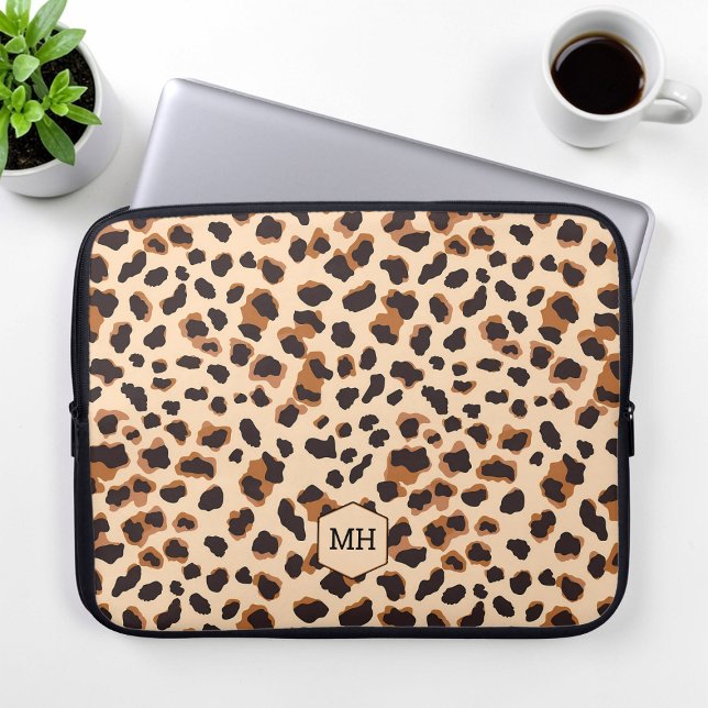 Leopard Pattern Monogram Bruin Chic Initialen Laptop Sleeve (Leopard Pattern Monogram Brown Chic Initials Laptop Sleeve)
