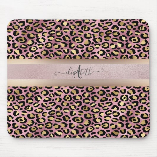 Leopard Pattern Monogram Roos Gold Black Muismat (Voorkant)