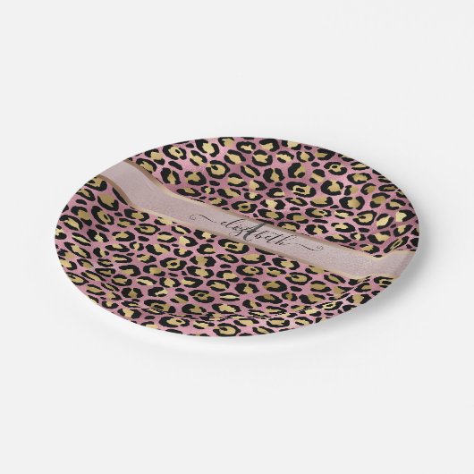 Leopard Pattern Monogram Roos Gold Black Papieren Bordje (Gekanteld)
