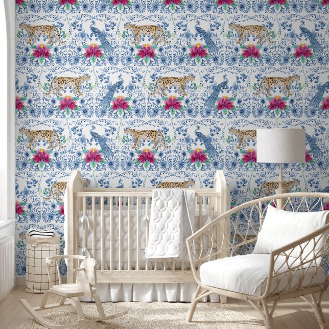 Leopard Peacock Chinoiserie Bloemblauw en wit Behang (Kinderen)