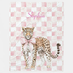 Leopard Pink Bow Squares Fleece Deken