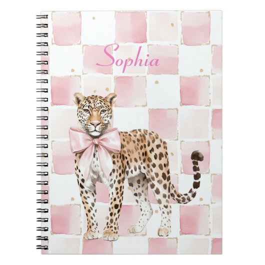 Leopard Pink Bow Squares Notitieboek (Voorkant)