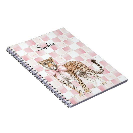 Leopard Pink Bow Squares Notitieboek (Rechterzijde)