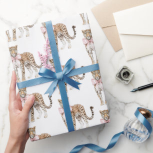 Leopard Pink Bow Verjaardag Cadeaupapier