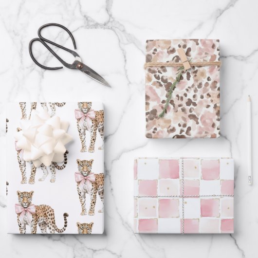 Leopard Pink Bow Verjaardag Inpakpapier Vel (Voorkant)