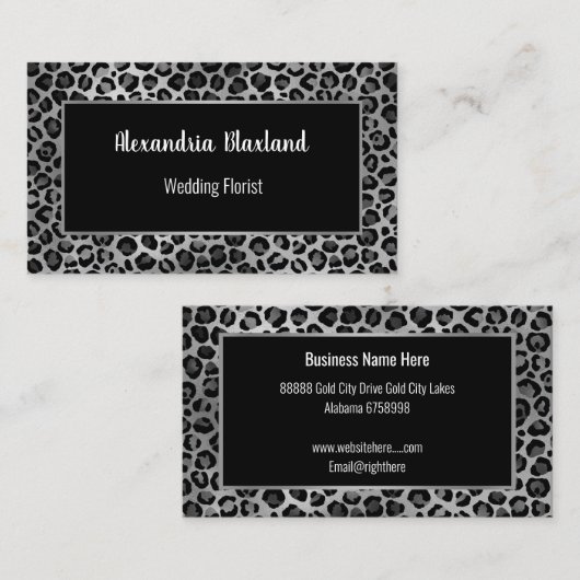 LEOPARD POSTER DE ANIMAL SILVER BLACK CARTE DE VIS (Devant / Derrière)