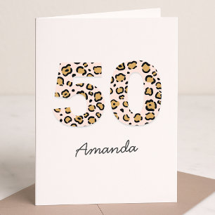 Leopard Print 50   Modern Cute Name 50th Birthday Kaart