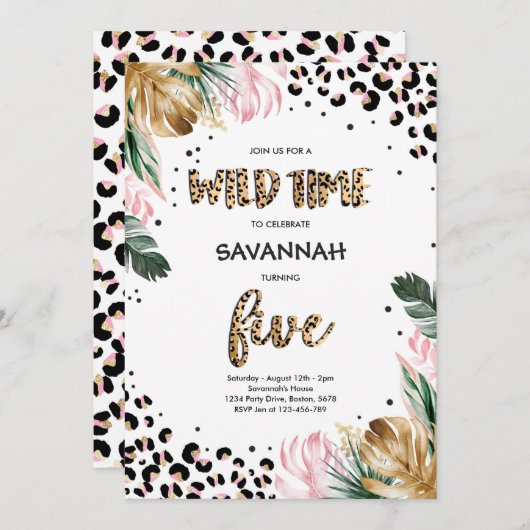 Leopard Print 5th Birthday Safari Oerwoud Party Kaart (Voorkant / Achterkant)