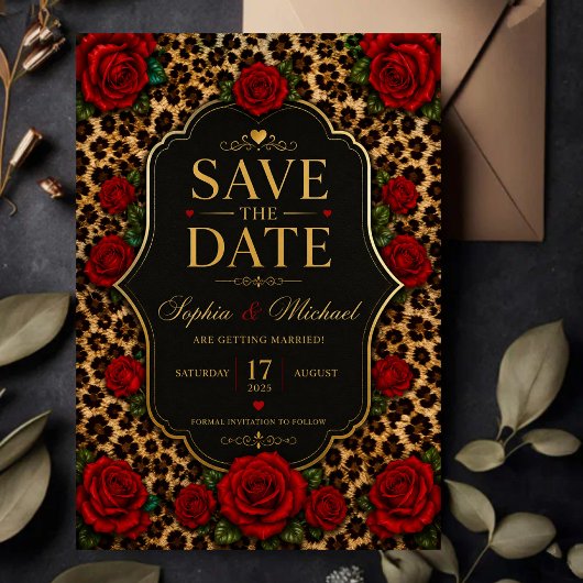 Leopard Print and Red Rose  Save The Date