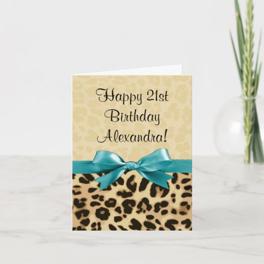 Leopard print Aqua Blue Bow Girls Birthday Kaart (Voorkant)