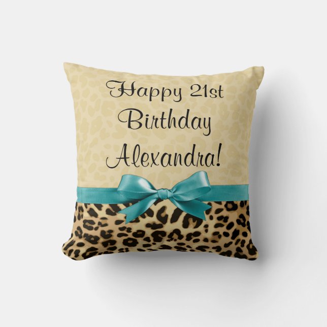 Leopard print Aqua Blue Bow Girls Birthday Kussen (Voorkant)