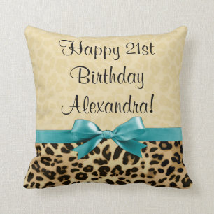 Leopard print Aqua Blue Bow Girls Birthday Kussen
