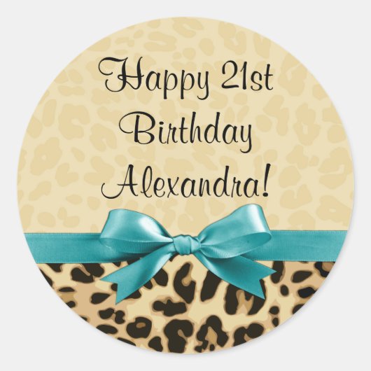 Leopard print Aqua Blue Bow Girls Birthday Ronde Sticker (Voorkant)