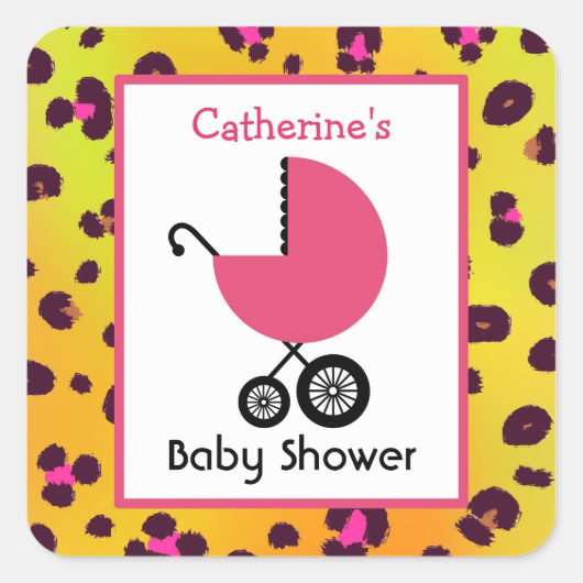 Leopard Print Baby shower & Roze Koets Vierkante Sticker (Voorkant)