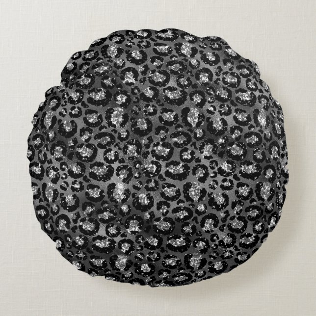 Leopard Print Black en Silver Grey Rond Kussen (Voorkant)