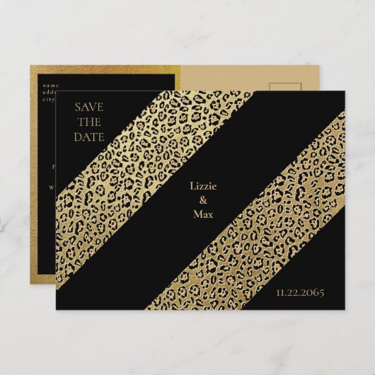 Leopard Print & Black Wedding Sla de datum op Aankondigingskaart (Voorkant / Achterkant)